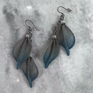 Blue and silver dangle mesh leaf earrings